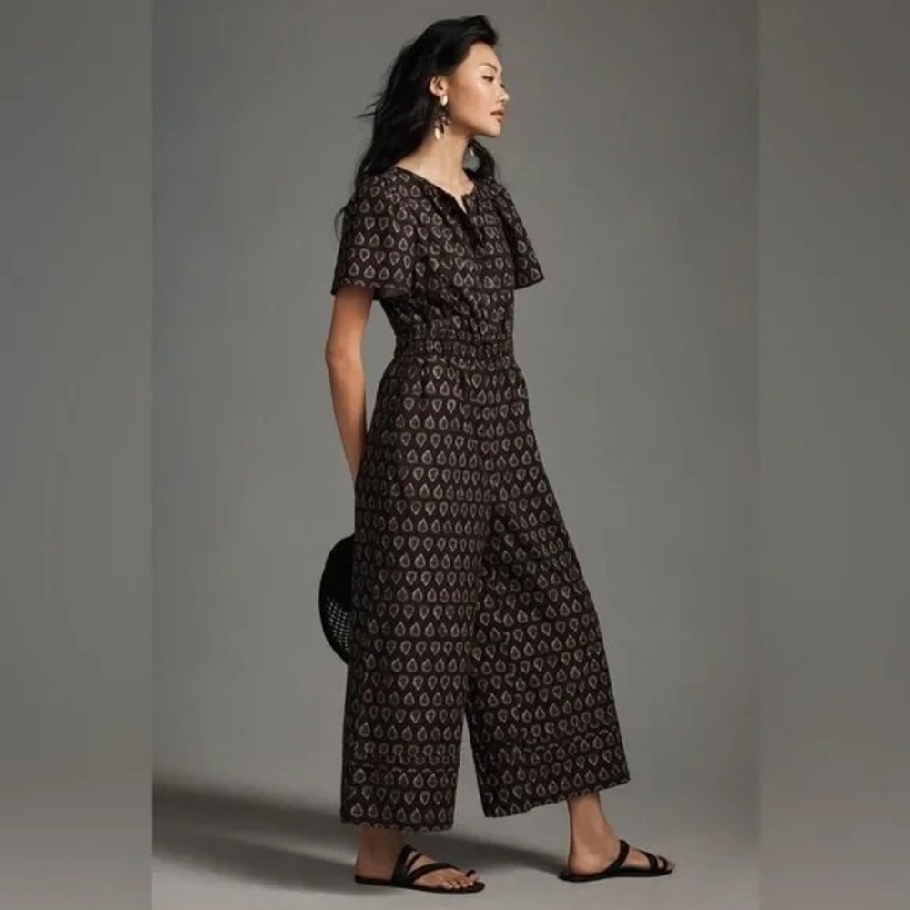 Anthropologie Black Patterned Short-Sleeve Jumpsuit - Picture 3 of 12